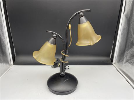 METAL & GLASS TABLE LAMP - NEEDS NEW BULBS - 17” TALL