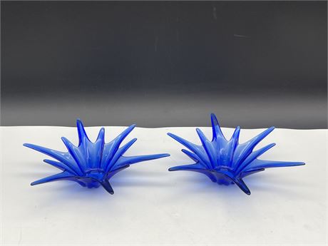 (2) 8” BLUE GLASS STARBURST CANDLE HOLDERS