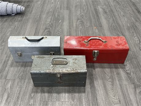 3 VINTAGE METAL TOOL BOXES - 1 WITH CONTENTS