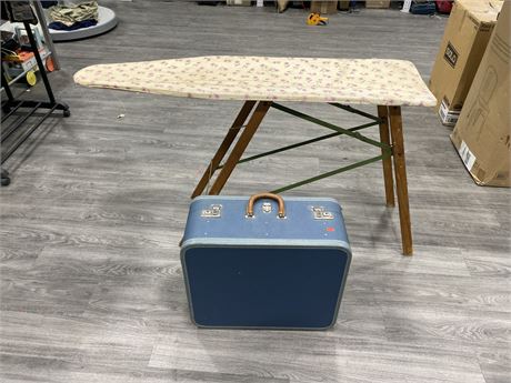 VINTAGE BLUE SUITCASE (19”X22”) AND VINTAGE IRONING BOARD