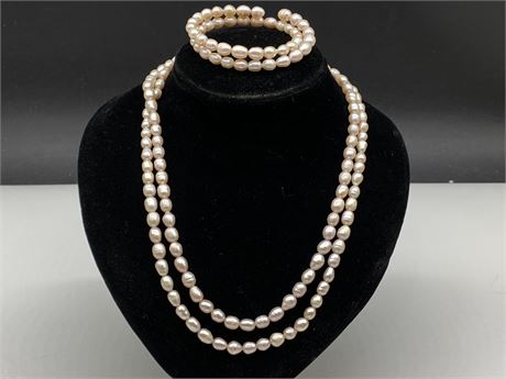 AUTHENTIC PEARL NECKLACE (36”) W/MATCHING ESTATE BRACELET