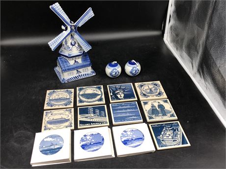 DELFT BLUE WINDMILL, COASTERS, AND 2 OIL CANDLES (NEW)