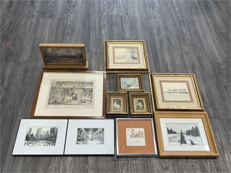 11 VINTAGE SMALL FRAMED ART WORK, PICTURES & ECT - LARGEST IS 17”x14”