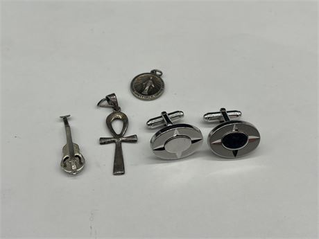 MARKED STERLING CUFF LINKS, PENDANTS & ECT - 25GRAMS