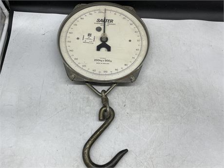 ANTIQUE SALTER MEAT PACKERS SCALE WITH HOOK 11”