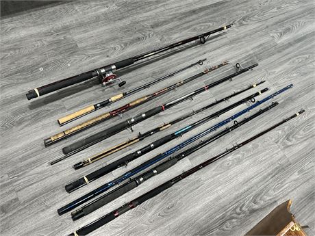 9 FISHING RODS - 1 WITH REEL