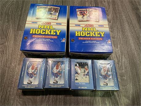 2 UNOPENED BOXES OF 1990 NHL CARDS AND 4 SETS OF CARDS