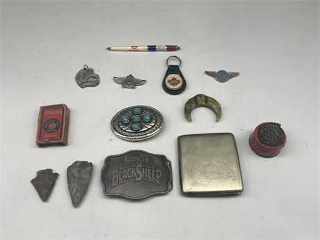 LOT OF VINTAGE COLLECTABLES - ARROW TIPS - PINS - OTHERS