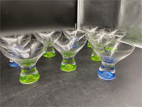 9 GREEN/BLUE MARTINI GLASSES