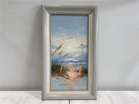 VINTAGE SIGNED OIL PAINTING LIGHTHOUSE BEACH SCENE (17.5”X29”)