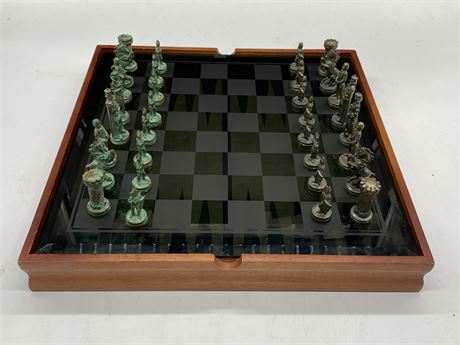 TABLE TOP GAME BOARD W/MEDIEVAL CHESS PIECES (METAL LIKE MATERIAL)