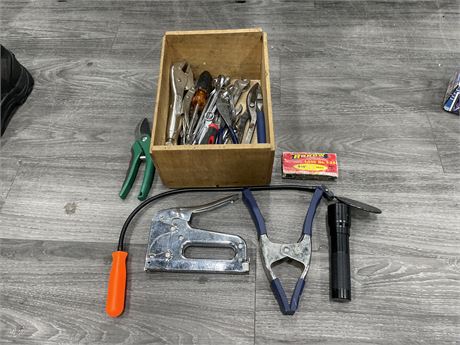 BOX OF ASSORTED HAND TOOLS INCL: WRENCHES, CLIPPERS, STAPLE GUN, ETC