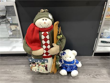 LARGE SNOWMAN CHRISTMAS DECOR + BLUE TEDDY BEAR 34” TALL & 14” TALL