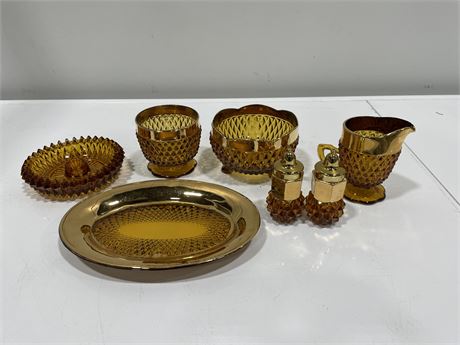 INDIANA GLASS GOLD ELEGANCE DIAMOND POINT SUGAR BOWL, CREAMER, S+P SHAKER & MORE