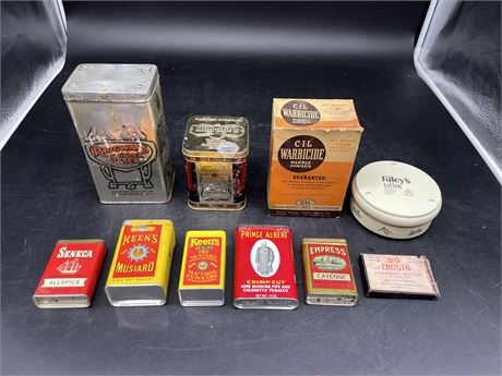 ANTIQUE TEA / CIGAR / MUSTARD / OTHER TINS (SOME HAVE CONTENTS)