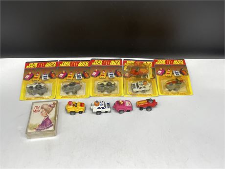(9) 1985 MCDONALDS TOY CARS (5 ARE NEW) + SET OF OLD MAID CARDS
