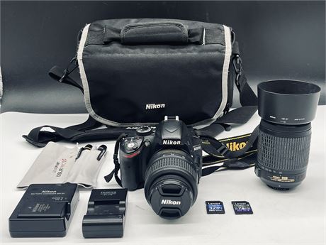 NIKON D3200 CAMERA WITH DX55-200MM AND DX18-55MM LENS AND ACCESSORIES (WORKING)