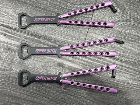 3 BUTTERFLY KNIFE STYLE “SUPER BITCH” BOTTLE OPENERS