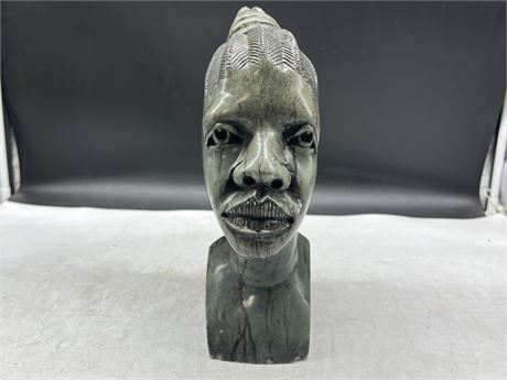 VINTAGE HAND CARVED STONE AFRICAN BUST 10.5” TALL
