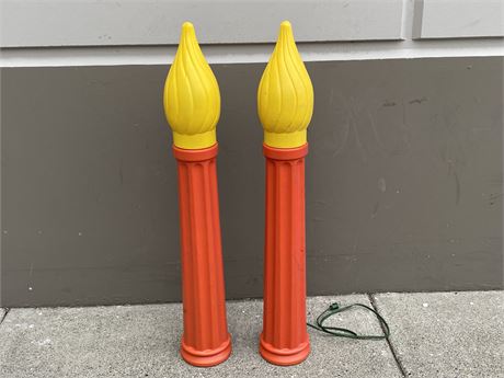 2 CHRISTMAS VINTAGE CANDLE BLOW MOLDS W/LIGHTS (36”)
