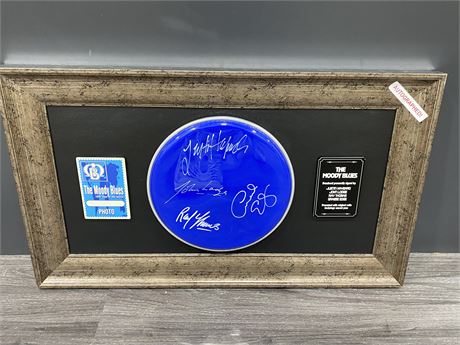 MOODY BLUES FRAMED AUTOGRAPHED DRUMHEAD (With COA, 28”x17”)