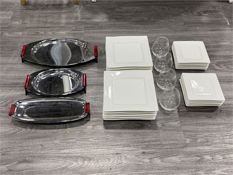 LOT OF WHITE SQUARE PLATES, WINE GLASSES & MCM SERVING TRAYS
