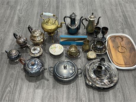 VINTAGE SILVERPLATED ITEMS, BRASS TEAPOT, ETC