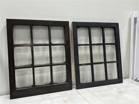 2 VINTAGE GLASS WINDOW PANES (27”x32.5”)