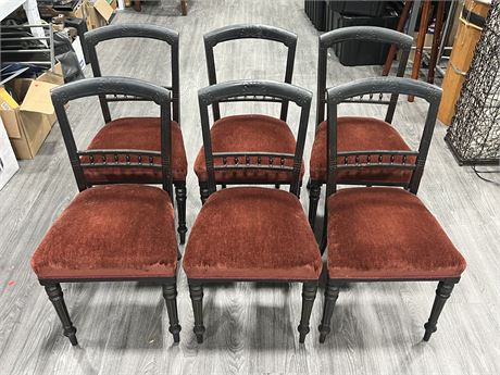 6 VINTAGE CUSHIONED / WOOD CHAIRS (32” tall)