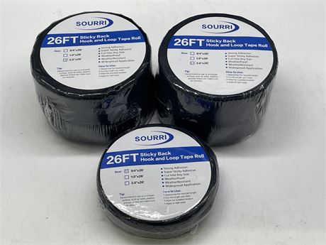 3 NEW PACKAGES OF SOURRI 26FT STICKY BACK HOOK & LOOP TAPE ROLL SPECS IN PHOTOS