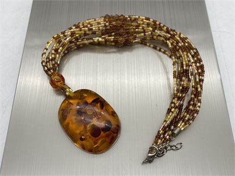 RECONSTITUTED HONEY AMBER PENDANT & BEADS NECKLACE