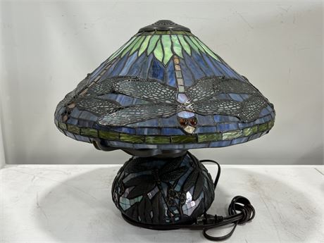 STAINED GLASS DRAGON FLY LAMP (16” tall)
