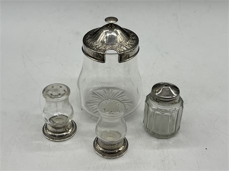 4 STERLING LIDDED / BOTTOMS GLASS PIECES - TALLEST PIECE IS 5”