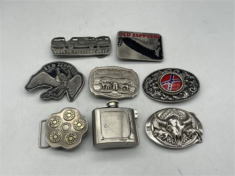 8 METAL BELT BUCKLES - SOME ROCK, NAME BRAND - OTHER