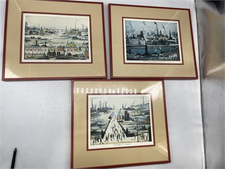 3 NICELY FRAMED + MATTED PICTURES BY L.T. LOWRY