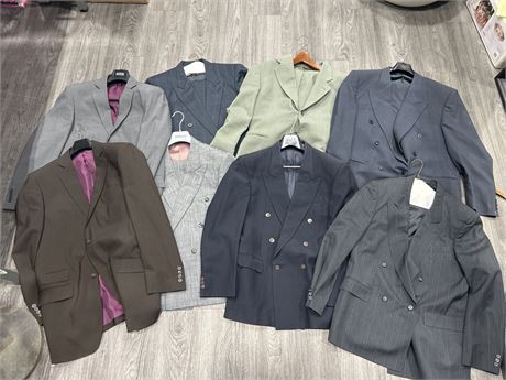 8 MENS SUIT JACKETS - ASSORTED SIZES - 4 COME W/MATCHING DRESS PANTS