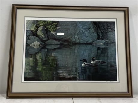 SIGNED & NUMBERED ROBERT BATEMAN PRINT - NORTHERN REFLECTION LOON FAMILY 41”X32”