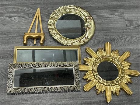 LOT OF 4 VINTAGE MIRRORS INCL: GILT, WOOD, COMPOSITE, & METAL (LARGEST 16”x16”)
