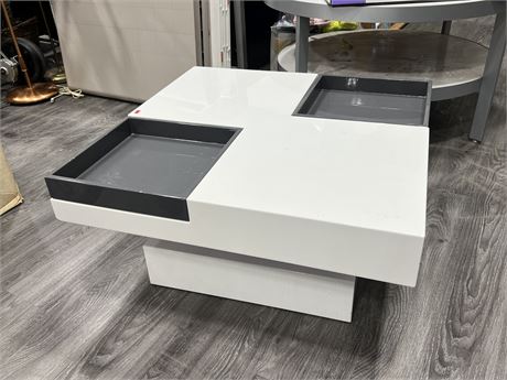 SWIVEL LACQUER TABLE WITH REMOVABLE TRAYS 31”x31”x16”