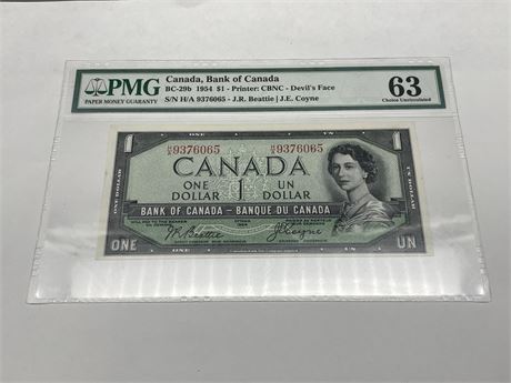 PMG GRADED 63 CANADIAN 1954 $1 BILL (DEVILS FACE)