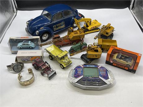 LOT OF VINTAGE COLLECTABLES - DINKY CARS, BEAM BUG DECANTER, WATCHES, ETC