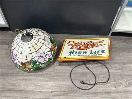 VINTAGE MILLER HIGH LIFE SIGN - NEEDS TLC & STAINED GLASS LIGHT FIXTURE