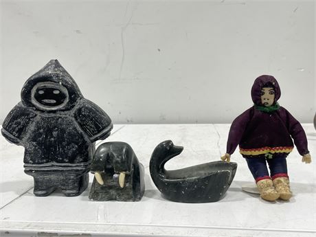 INDIGENOUS ANTIQUE LOT INUIT DOLL, 2 JADE CARVINGS + POTTERY FIGURE