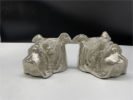 CHROME SIGNED BULL DOG BOOKENDS/STATUES 4”x6”