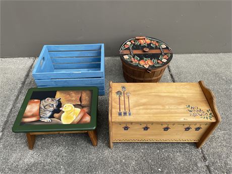 PAINTED DUCK/CAT TOP STOOL / BLUE CRATE / PAINTED FRUIT BASKET / BOX BENCH