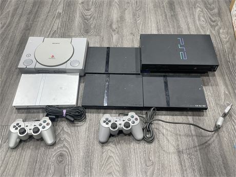 5 PS2 CONSOLES W/ CONTROLLERS & PS1 CONSOLE (UNTESTED / AS IS)