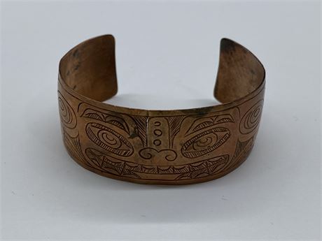 1ST NATIONS HAIDA, HAND CARVED COPPER BANGLE - SMALL CRACK (2.5”)