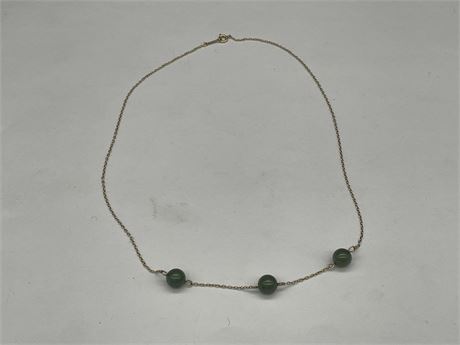 MARKED 10K GOLD & JADE BEADED NECKLACE