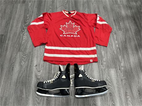 VINTAGE DAOUST 301 ICE SKATES - SIZE 10.5 + TEAM CANADA HOCKEY JERSEY SIZE M