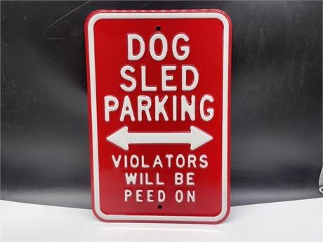 HEAVY ENAMELLED METAL DOG SLED SIGN 12”x18”